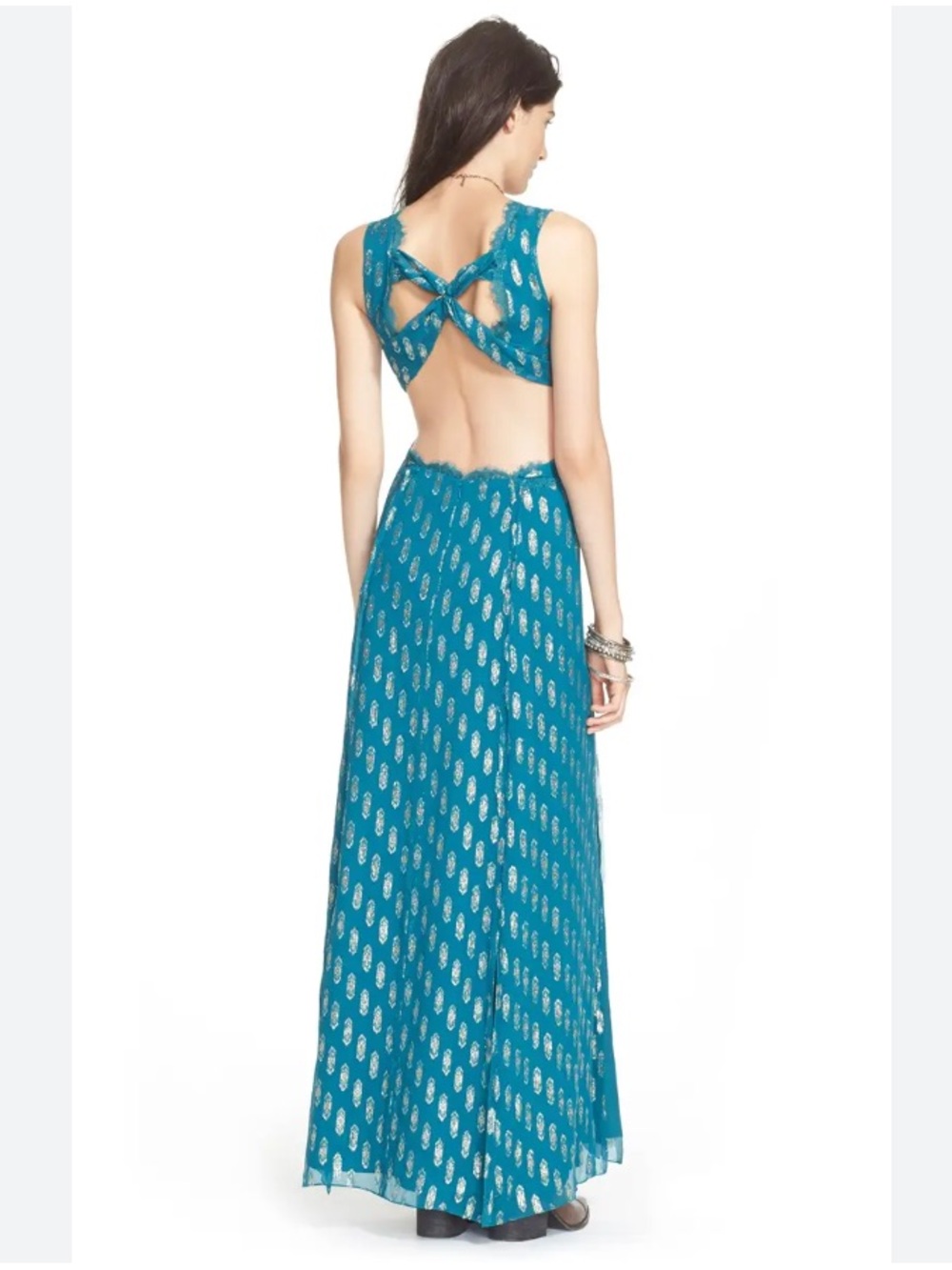 Free People Cross My Heart Jacquard Maxi Dress Size 6 - Teal Gold Boho Cutout